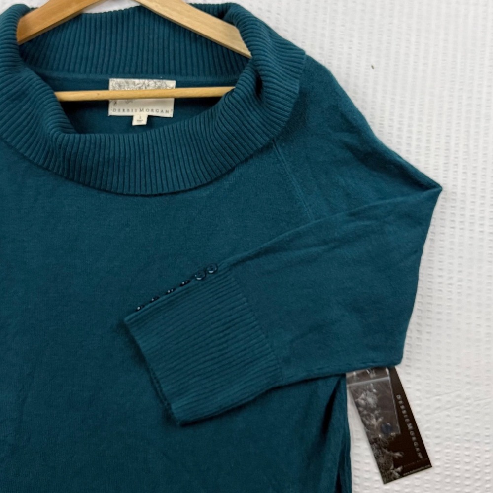 Debbie Morgan Teal Blue Cowl Neck Button Cuff Knit Sweater NWT Size L